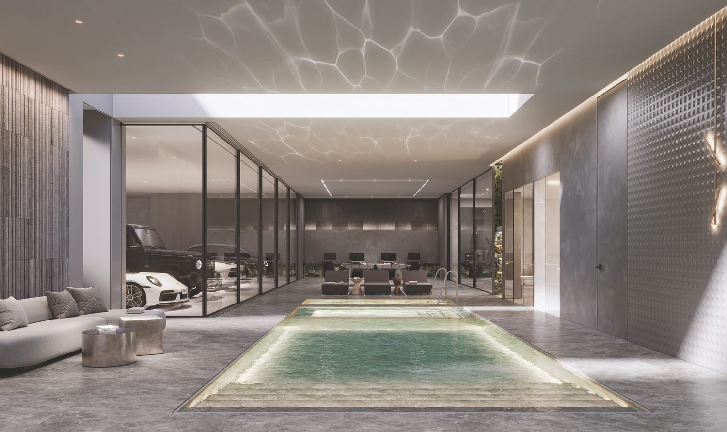 Pool and pool spa with hot and cold plunges, with recessed covers